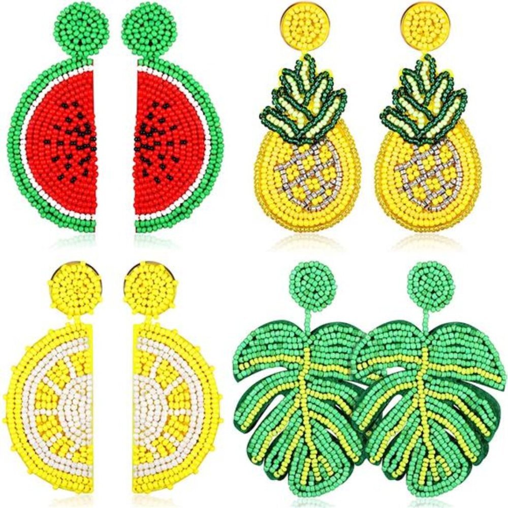 4 Pairs Fruit Beaded Earrings Summer Sports Shapes Bohemian